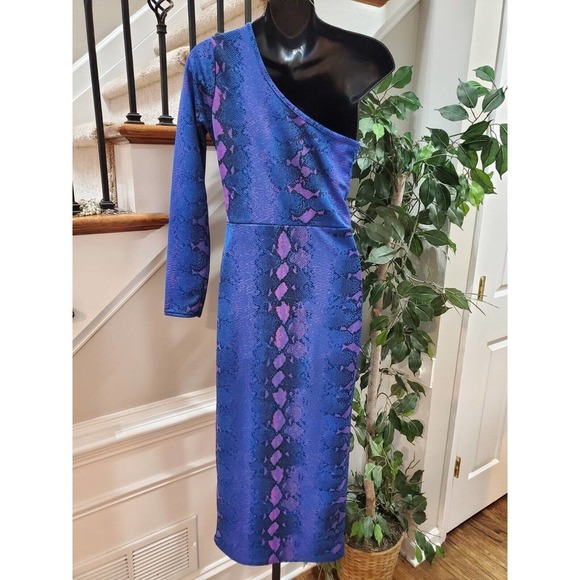 Missguided Womens Blue Snack Print One Shoulder Long Sleeve Knee Length Dress 6 - Picture 5 of 11